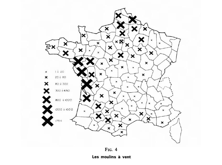 Les implantations de moulins à vent en France en 1809